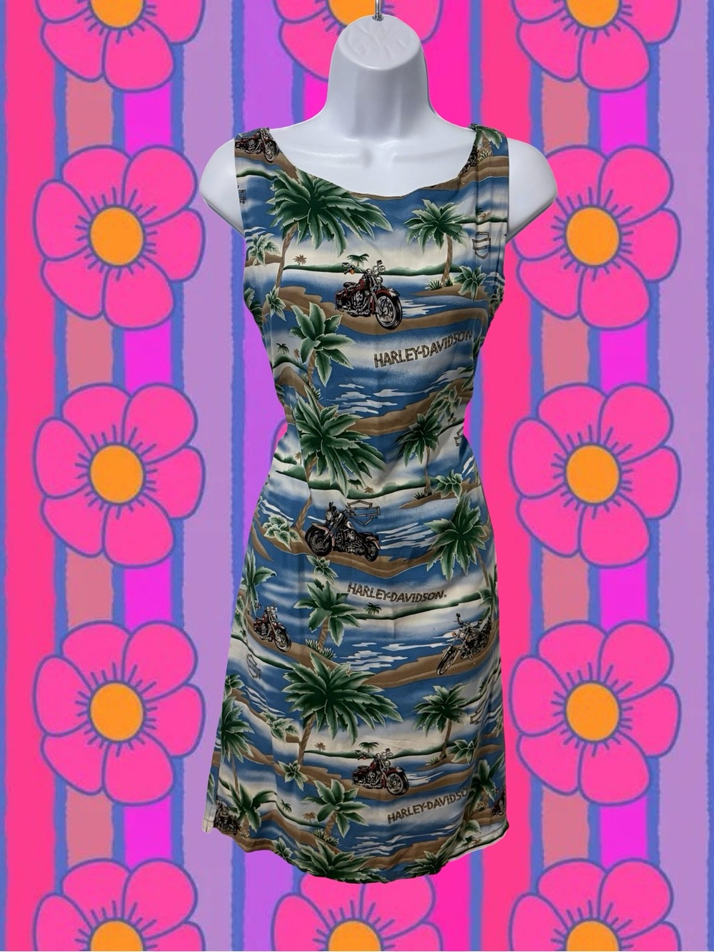 90s Harley‑Davidson Tropical Palm Motorcycle Sleeveless Dress - Blue & Green